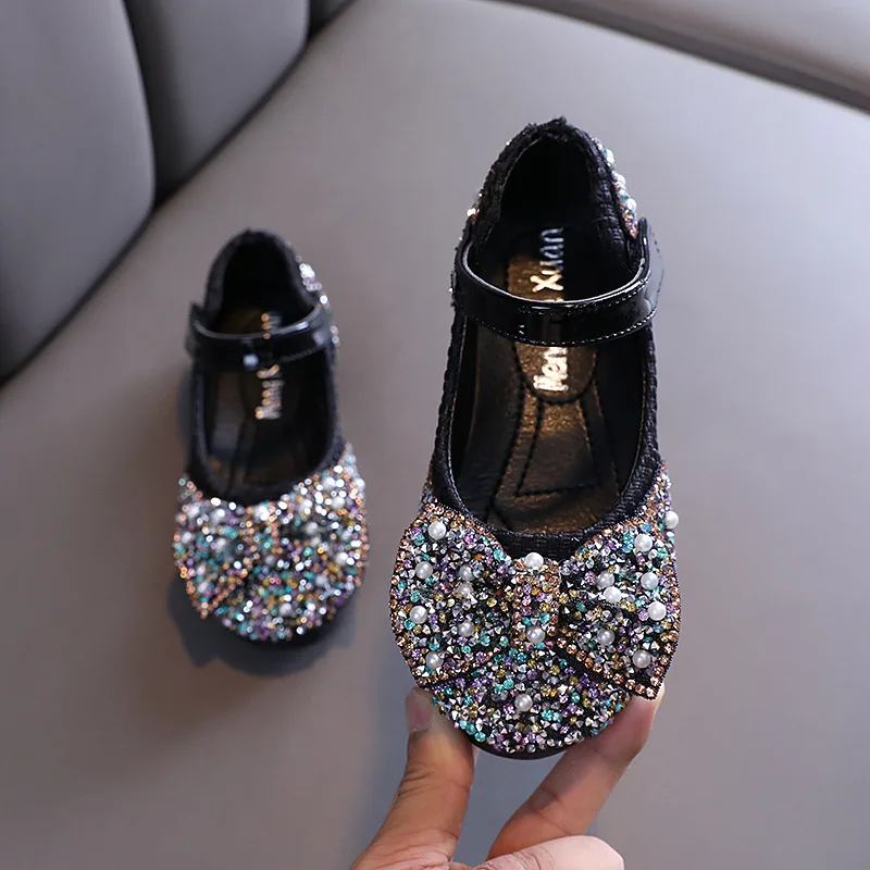 Zapatos de lentejuelas de colores con diamantes de imitación para niñas, zapatillas de princesa con pajarita, zapatos planos de baile, primavera y