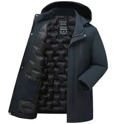 Jaqueta de inverno quente masculina, casaco meio longo, à prova de vento, zíper, Parkas casual, baixo, bolsos grandes, capuz, wearable