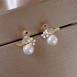 New Cute Bird Stud Earrings for Women Rhinestone Horse Kitten Owl Pearl Earring Girls Party Engagement Temperament Jewelry