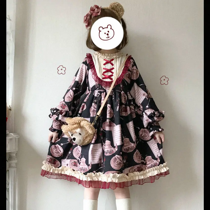 Sweet Lolita Strawberry Tableware Print Retro Kawaii Japanese Soft Girl Tea Party Lace Long Sleeve op Lantern Sleeve lo dress