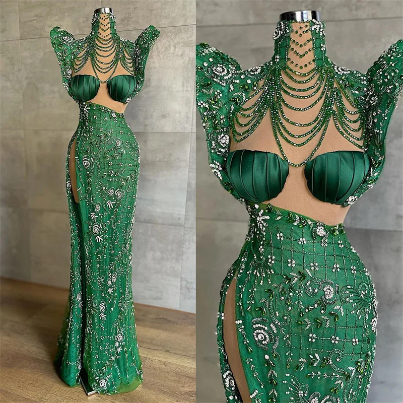 

Elegant Green Mermaid Evening Dress High Neck Beaded Party Dresses Side Split Appliques Celebrity Custom Made Prom Gowns