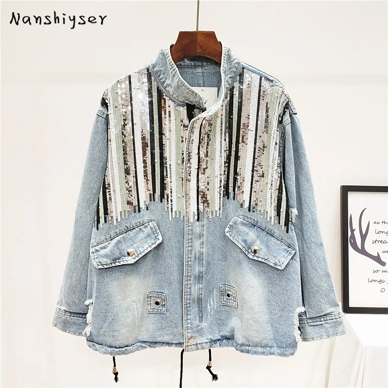 Nanshiyser Boho Camouflage Sequins Hole Denim jacket Autumn Women Lace up Jean jackets Casual Bomber Jacket Jaquetas Feminina