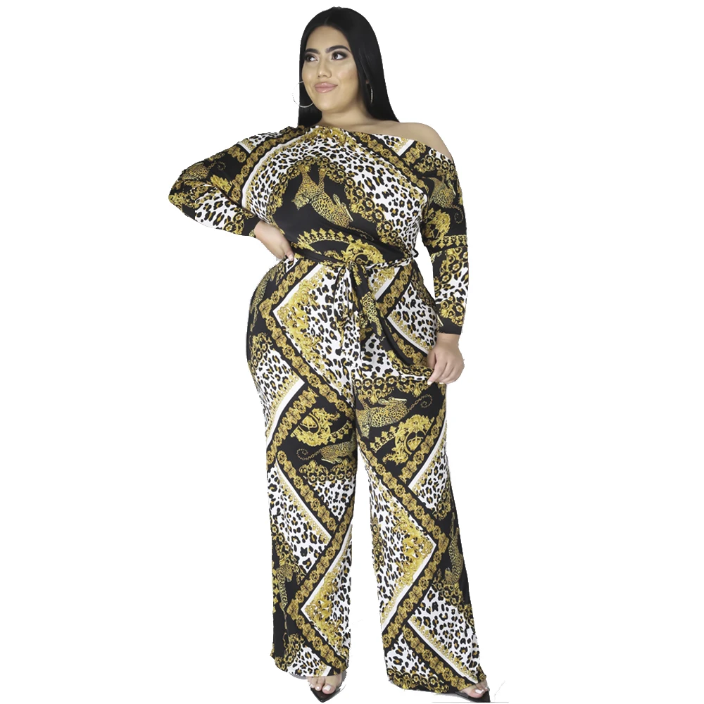 Fashion plus size women's fall/winter new style jumpsuit  Fashion digital printing temperament casual wide-leg pants suit