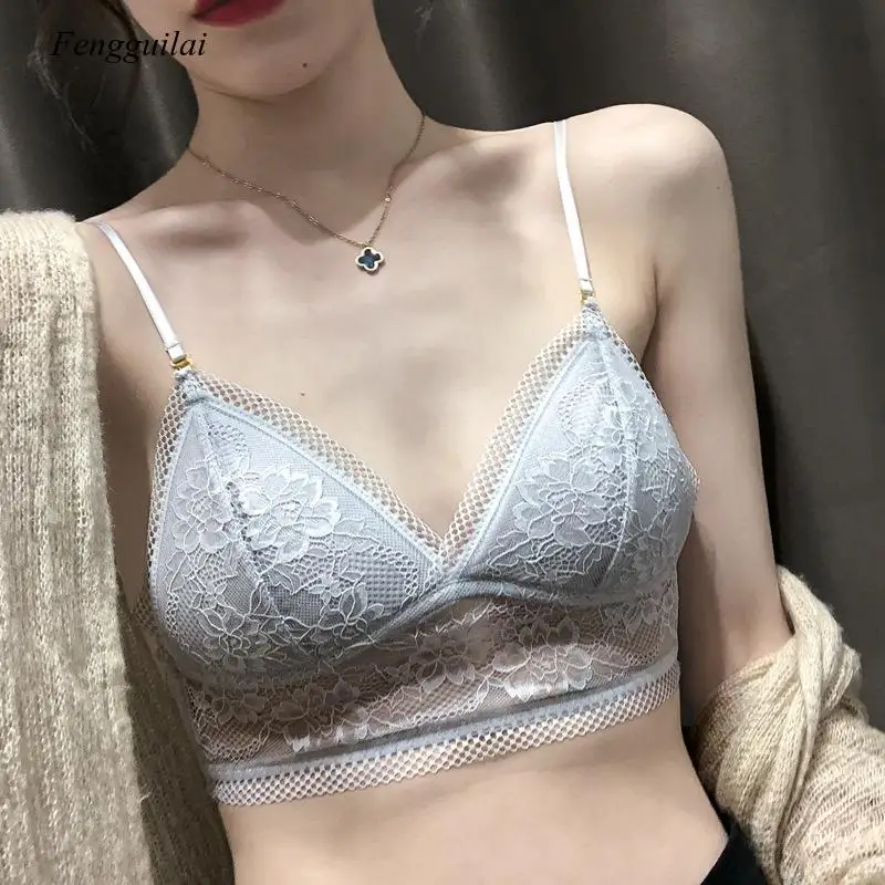 Big Backless Hanging Neck Off Shoulder Bra Thin Vacation Invisible U-Shaped Back Lace Underwear Women's No Steel Ring Summer Top