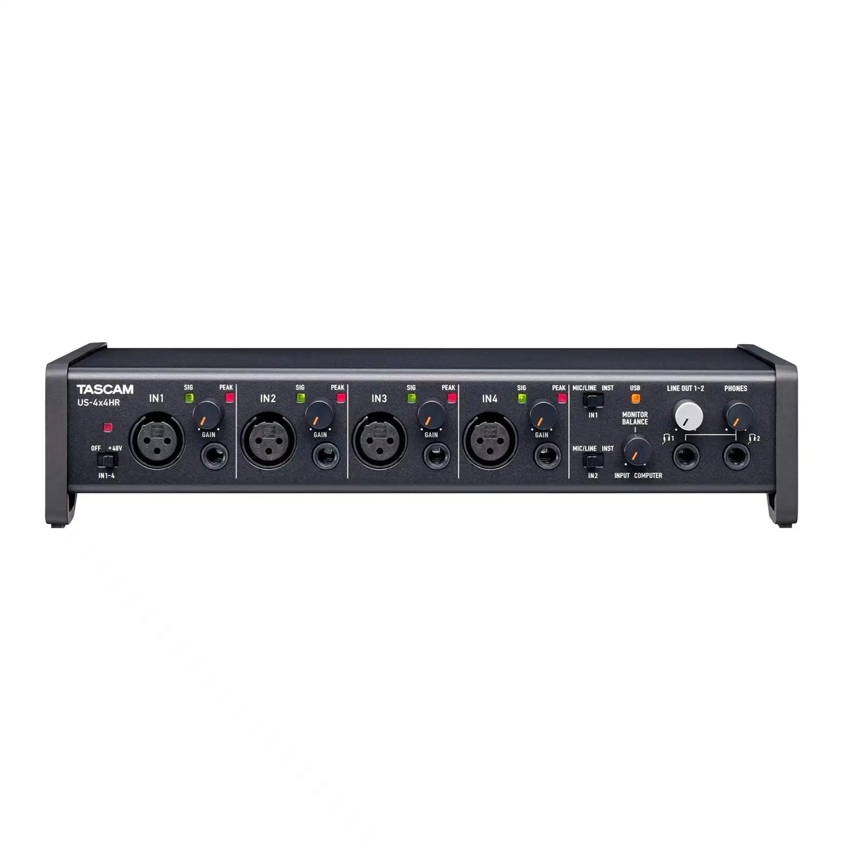 Tascam us-4x4 HR Professional USB audio/MIDI interface with 4 mic/line inputs and a USB-C port for multi-track recording