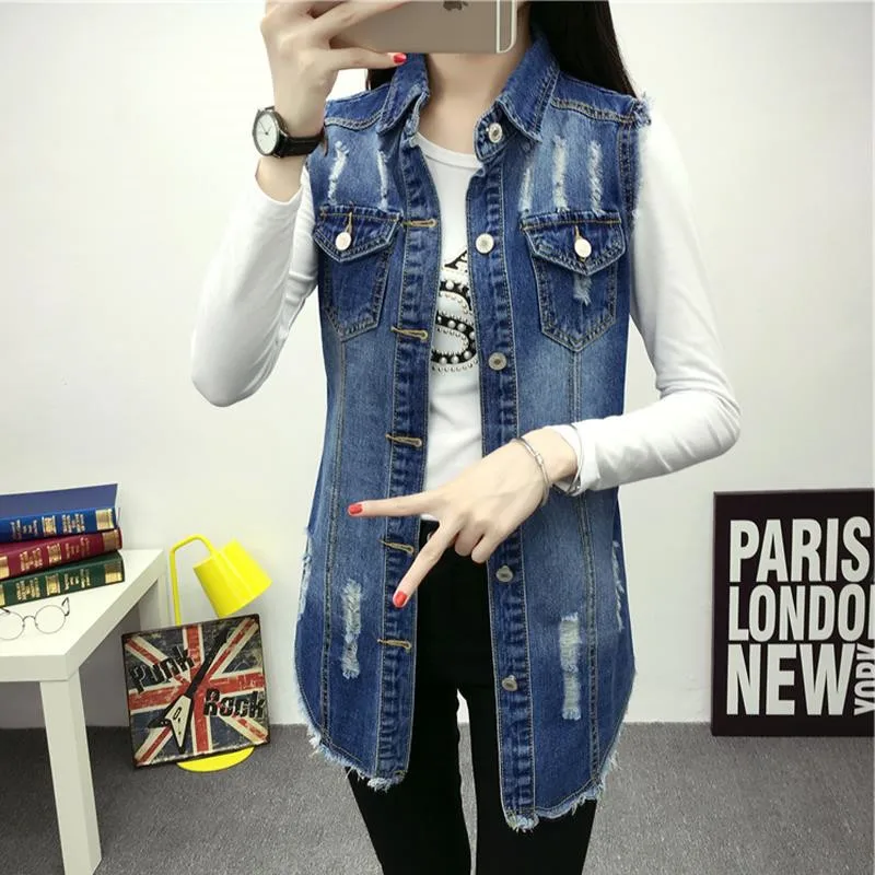6XL Denim Vests Spring Autumn Women Casual Pocket Hole Jeans Vests Jacket Coat Ladies Sleeveless Waistcoat W2094