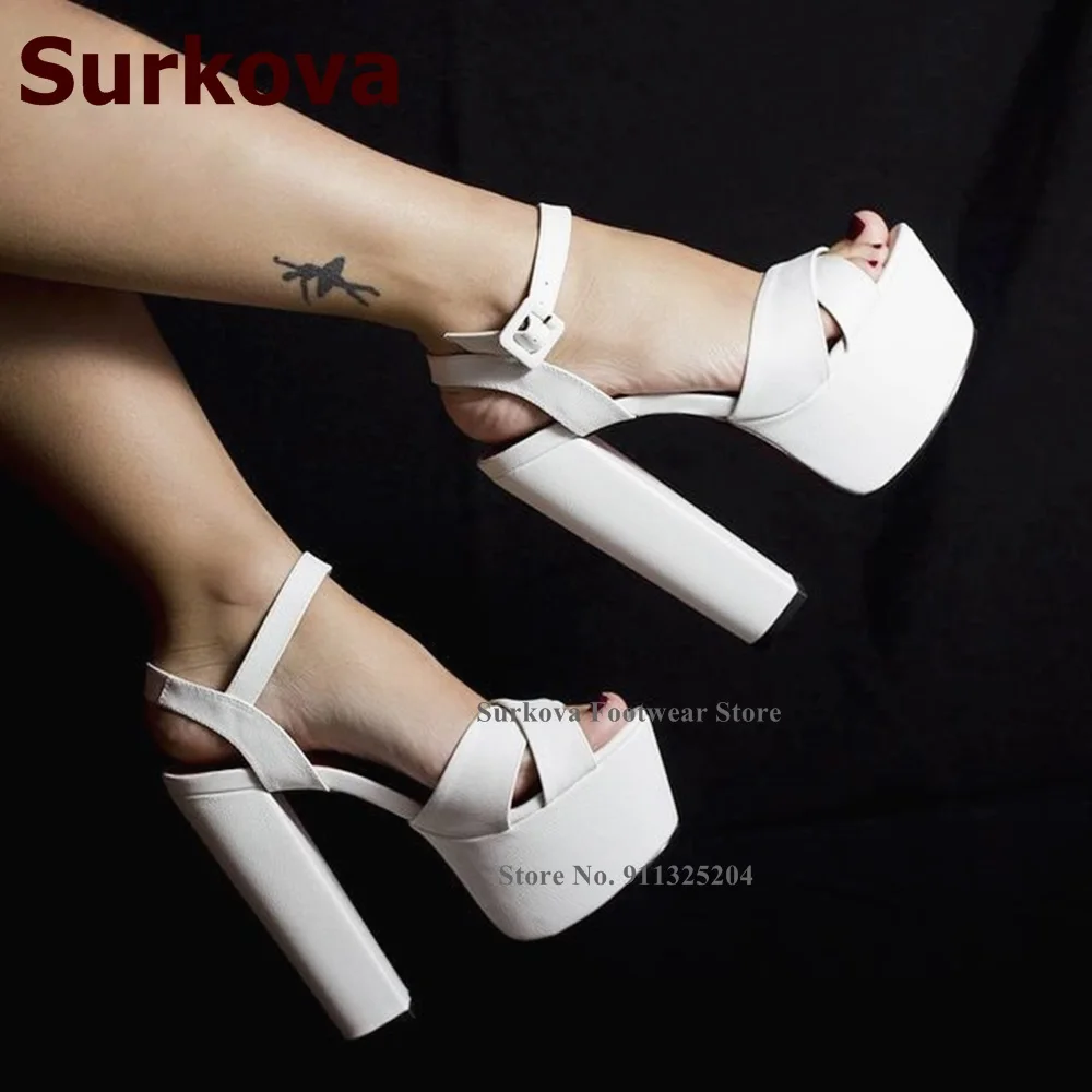 Surkova Square Buckle Chunky Heel Platform Sandals White Black Green Matte Leather Elegant Nice Dress Shoes Real Photo Pumps