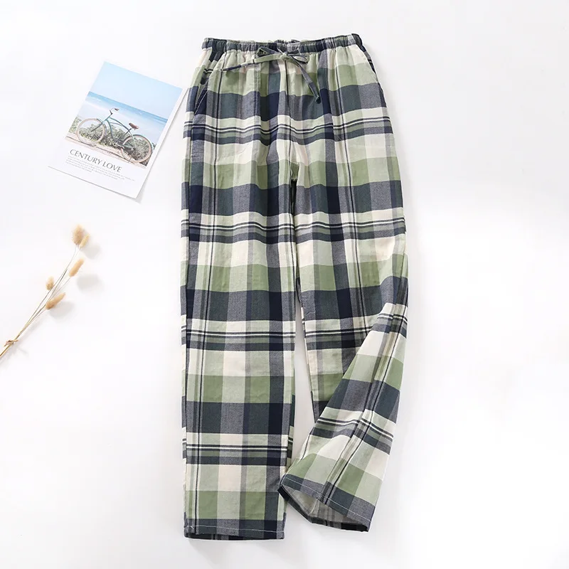 Couple\'s Plaid Pyjama Bottoms Men and Women Cotton Gauze Trousers Summer Elastic Waist Thin Loose Home Sleep Pants