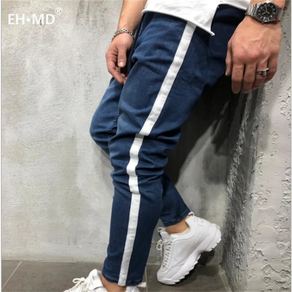 EH · MD® Beaded Jeans Men's Feet Casual Trousers Soft Fabric Large Pocket Solid Color Fashion Slim 2020 New Trendy Brand Black