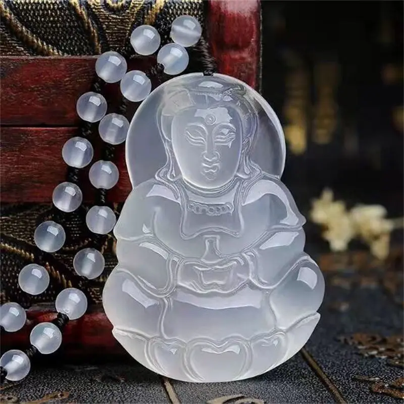 Natural Agate Ice Chalcedony Guanyin Pendant Men's Simple Versatile Necklace Pendant Jewelry