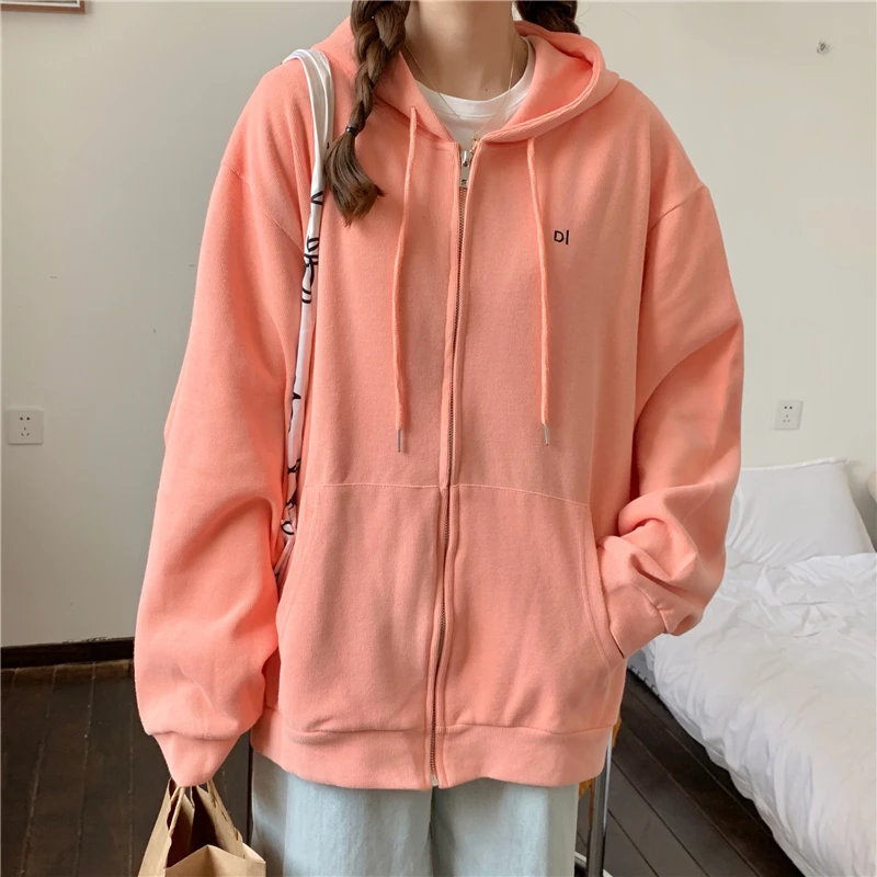 Oversize Orange Pink Sweatshirt Women Hooded Spring Autumn New Korean Loose High Quality Cotton Zipper Jacket Letter Street Wear