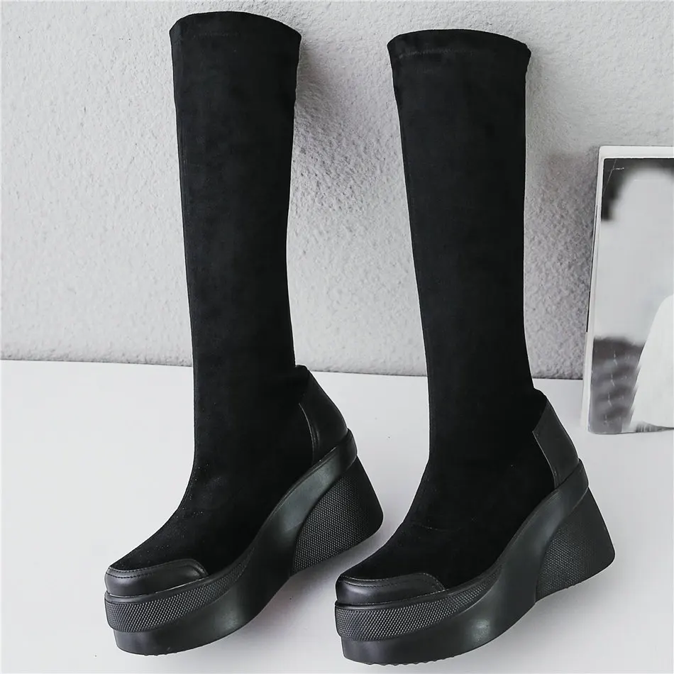 Thigh High Fashion Sneakers Women Genuine Leather Wedges High Heel Motorcycle Boots Female Velvet Round Toe Platform Pumps Shoes