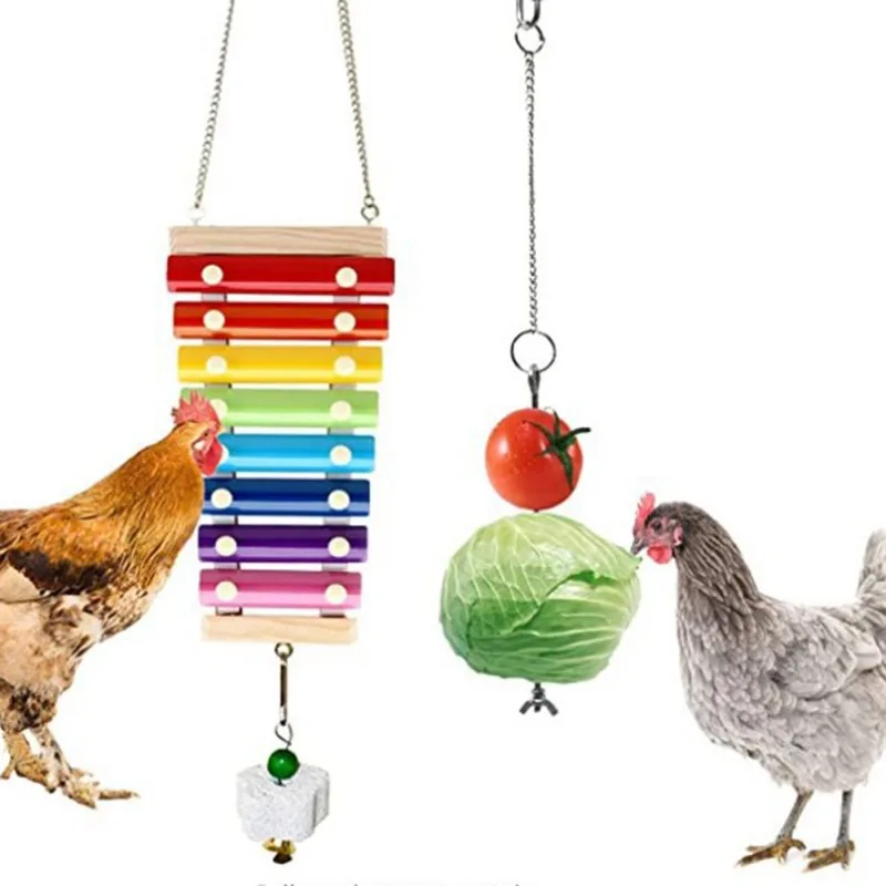 Suspensible Wood Xylophone Toy Chicken Toys for Coop for Hens Vegetable Fruit Hanging Feeder,Grinding Stone