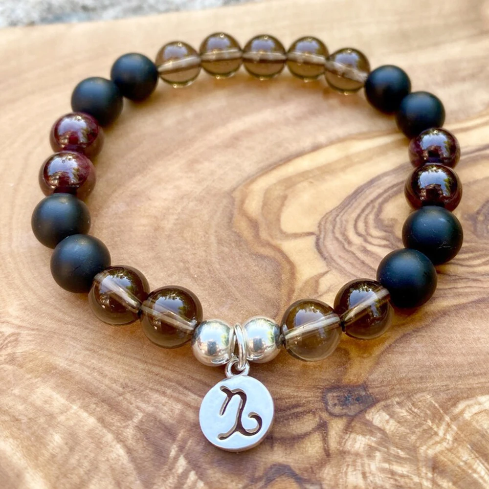 MG1378 New Design Capricorn Zodiac Bracelet Women`s Matte Black Onyx Bracelet Natural Garnet AA Grade Smoky Quartz Bracelet