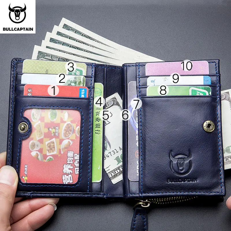 BULLCAPTAIN RFID Men's Wallet Leather Men's Coin Purse Zipper Wallet Card Coin Wallet Holder Credit Card Bag