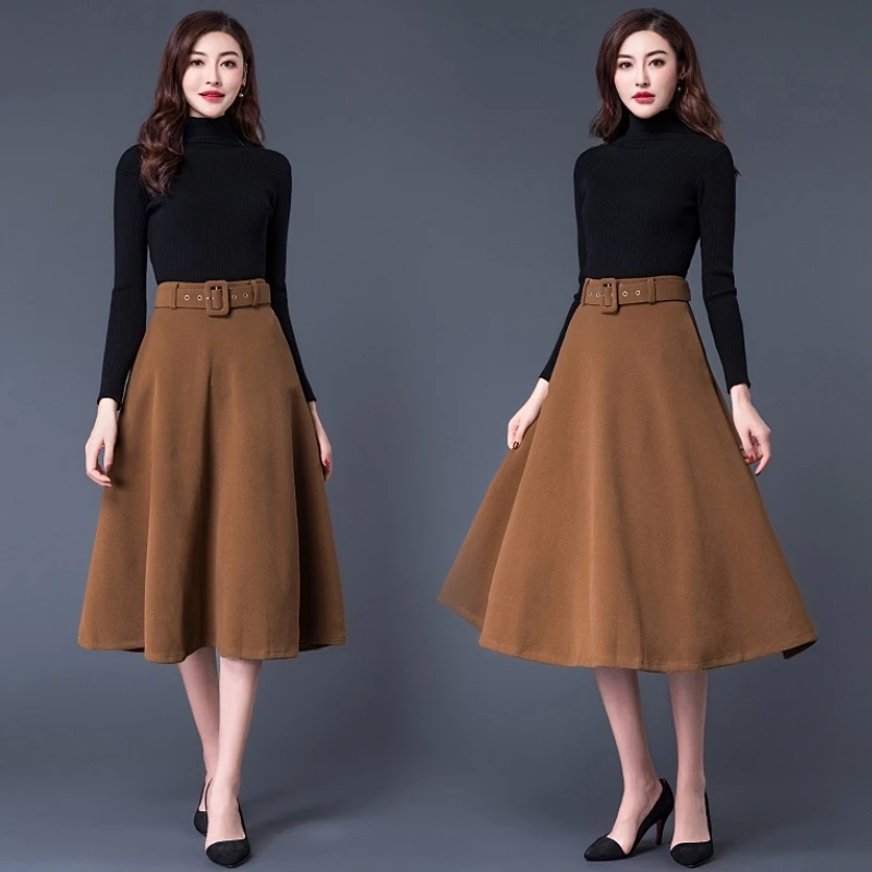 Elegant High Waist Long Skirts For Women Autumn Winter Woolen Velvet Skirt With Belt Loose A-line Maxi Ladies Skirt Khaki Red