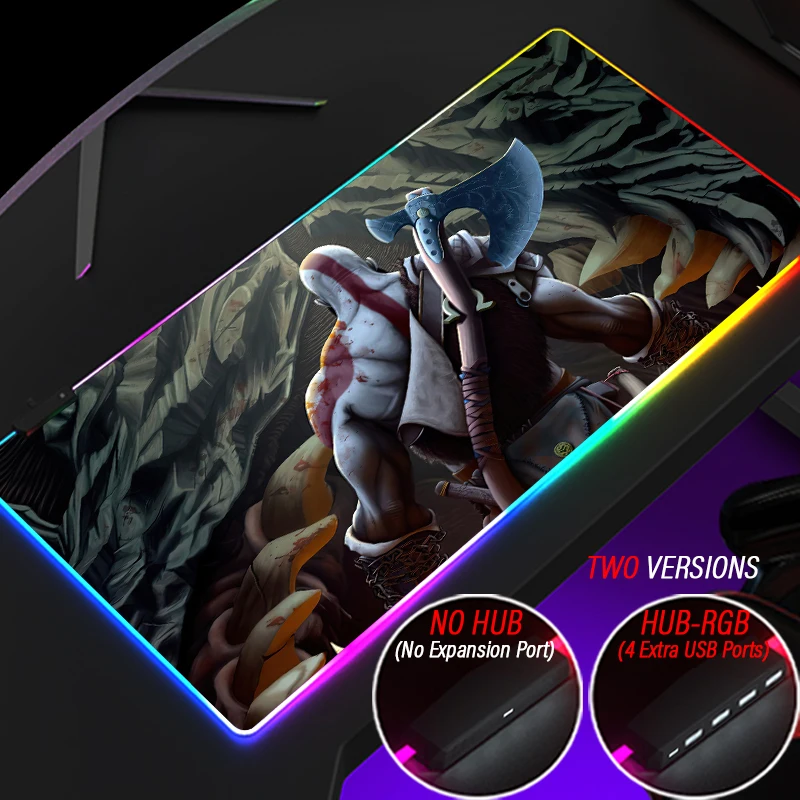 God Of War RGB XXL Gaming Mouse Pad Creative Kratos DIY Custom Mousepad LED Backlit HD Anime Mat With HUB 4 Port USB Accessories