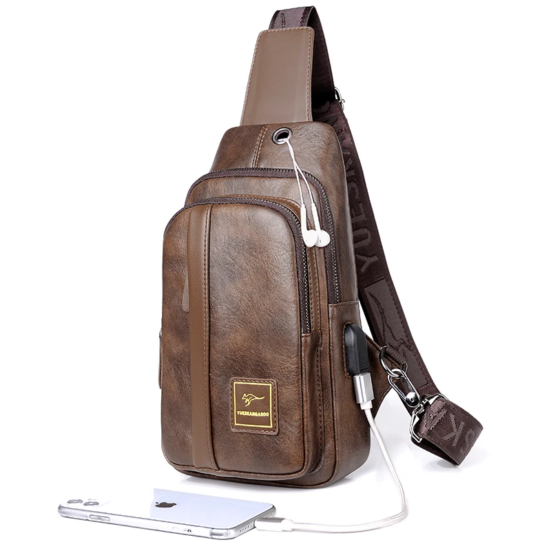 Kangaroo Luxury Brand Chest Bag Men Crossbody Bag Leather Chest Bag USB Charging Travel Sling Shoulder Bag Messenger Bag Male