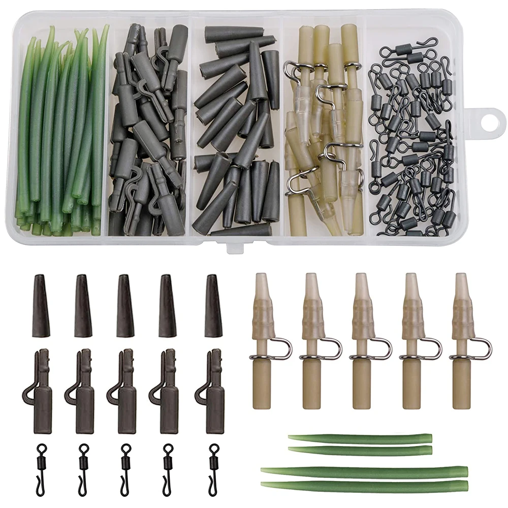 100Pcs/Box Carp Fishing Accessories Kit Anti Tangle Sleeves Quick Change Swivels Heavy Duty Safety Clips Tail Rubber Tubes