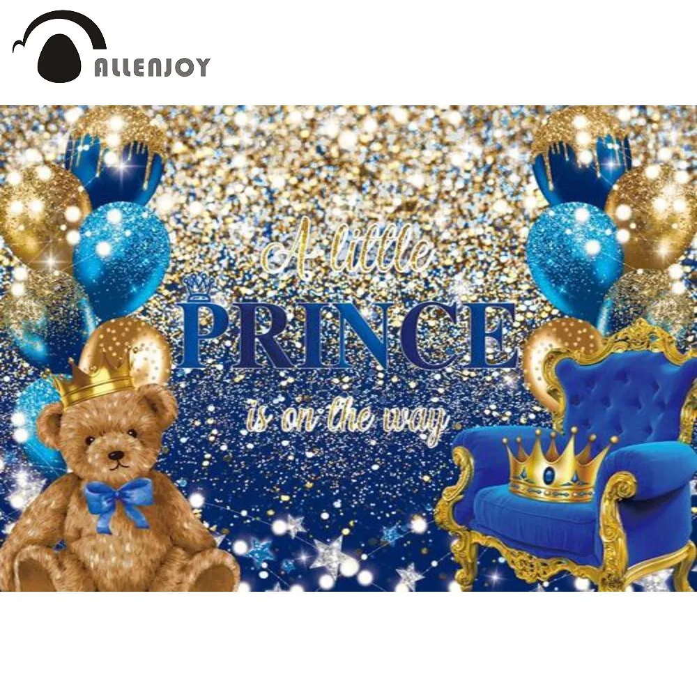 

Allenjoy A little Prince Is On The Way Backdrop Bear Newborn Balloon Crown Throne Glitter Star Baby Shower Custom Decor Poster