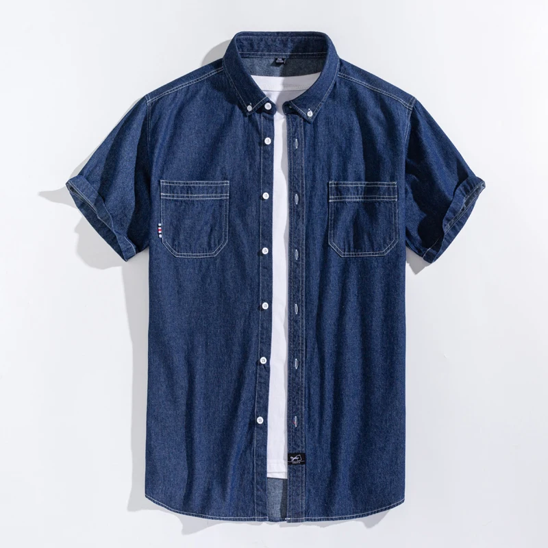 Men\'s Denim Shirts Short Sleeve Cotton Slim cotton Jeans Denim Shirts Men Summer High Quality Pockets Shirt Men Clothing