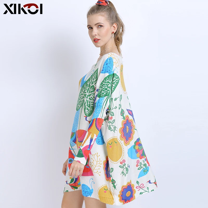 XIKOI Winter Wool Oversized Sweater For Women Warm Long Pullover Dresses Cartoon Print Jumper Casual Knitted Sweaters Pull Femme