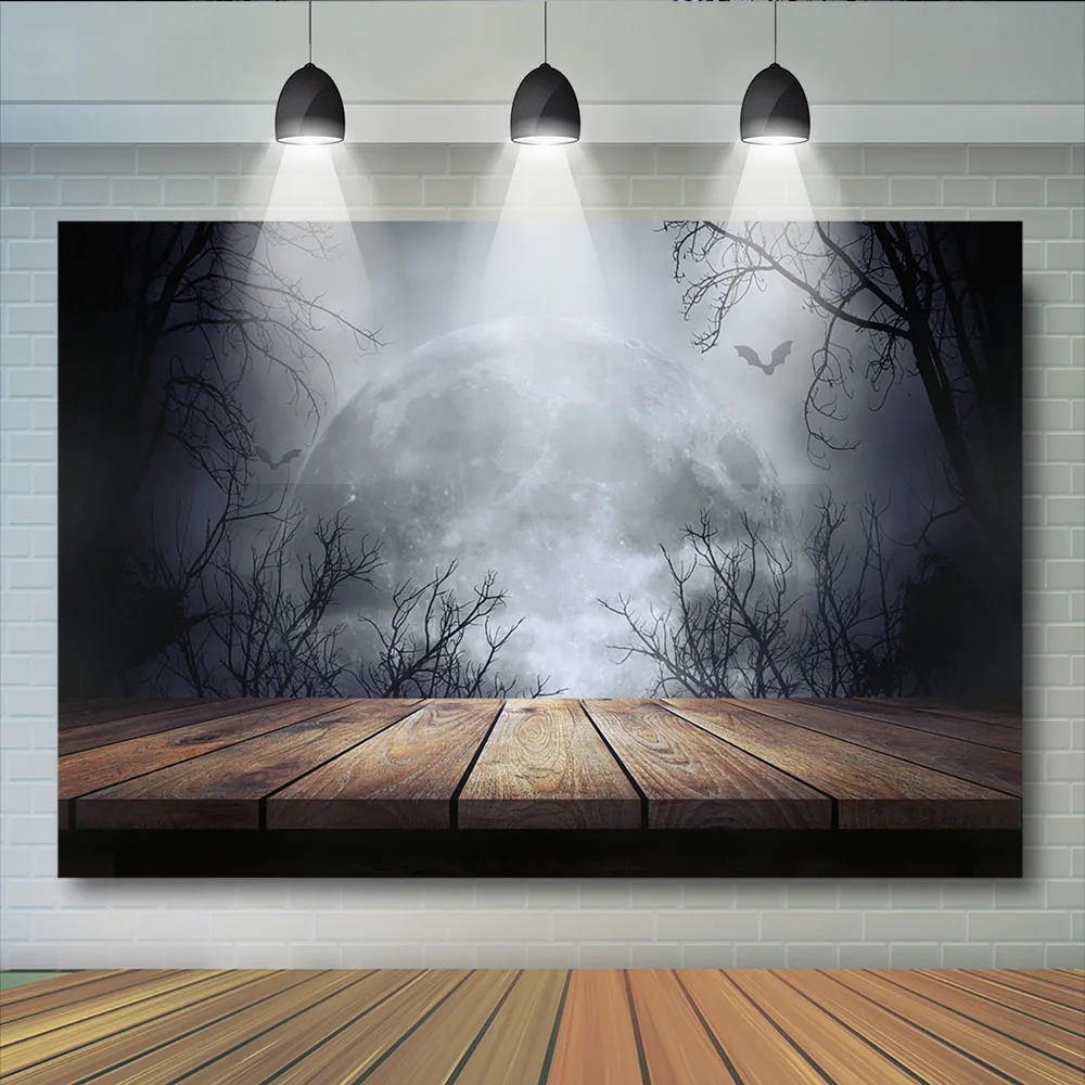 

Night Halloween Background For Photography Big Moon Wooden Horring Night Backdrop Old Trees Bats Stage Backgrounds