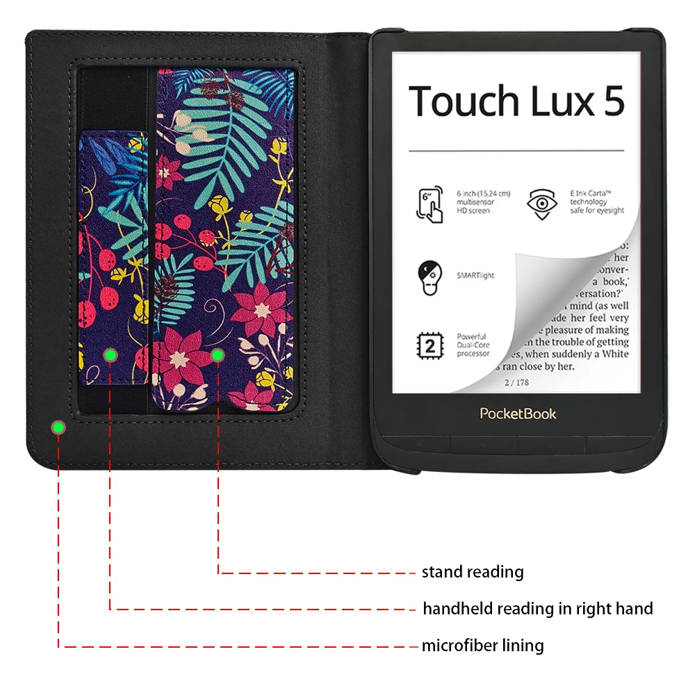 Stand Case for Pocketbook Color/Tonch HD 3/Touch Lux 5/4/Basic Lux 2/3 (PB606/616/617/627/628/632/633) - Sleep/Wake / Hand Strap