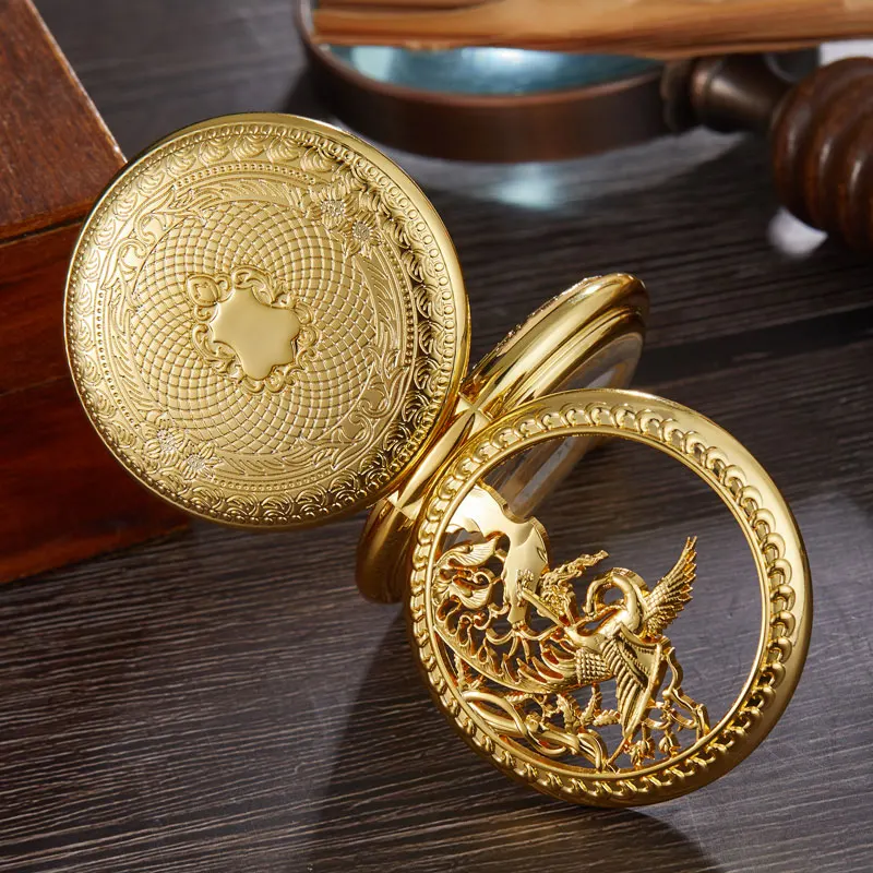 Phoenix Bird Mechanical Pocket Watch Hollow Roman Skeleton Clock Hand Winding Men Fob Chain Watches Carving Engraved Case Clock