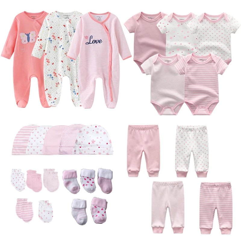 0-3-6 Months Newborn Girl Pink Set 27Pcs Rompers+Bodysuits+Pants+Hat+Gloves+Socks Baby Boy Cotton Clothes Suit Infant Birth Gift