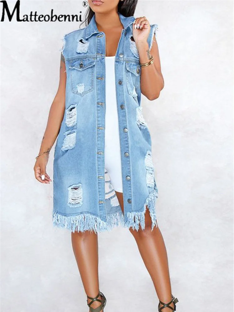 Fashion Sexy Hole Denim Blouse Jackets Ladies Sleeveless Ripped Distressed Denim Loose Long Jacket Coat Outwear Womens