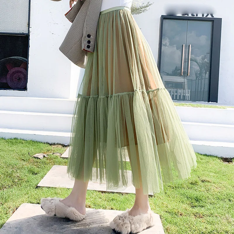 Elegant Midi Long Tutu Tulle Skirt Women Fashion 2019 Korean Green Blue High Waist Pleated Long Maxi Skirt Female Jupe Longue