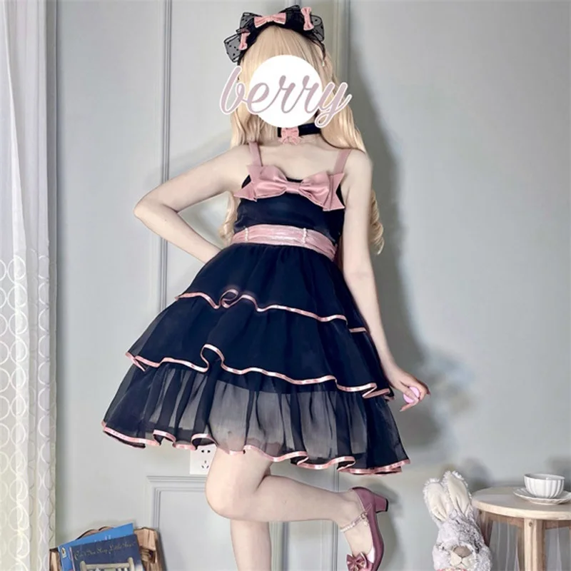 Japanse Zomer Zoete Girly Lolita Stijl Zachte Meisje Hemdje Jurk Kawaii Boog Ruches Mouwloze Splicing Jsk Cupcake Jurk