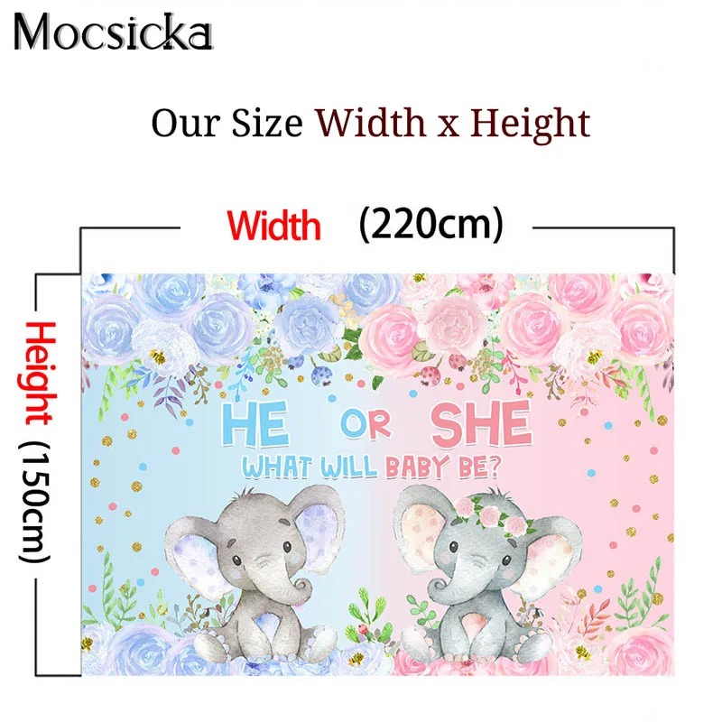 Toile de fond de photographie de fleur d'éléphant bleu et rose, fond de révélation de sexe, décor de studio photo, baby shower, affiche de fête d'anniversaire