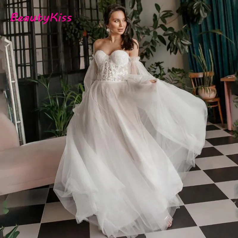 Abiti da sposa rosa Beach Boho maniche a sbuffo perline abito da sposa principessa spalle scoperte eleganti abiti da sposa taglie forti