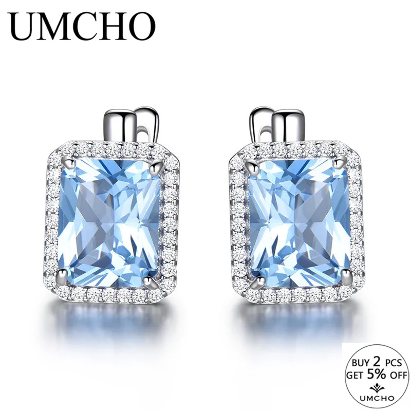 UMCHO Luxury Rectangle Created Sky Blue Topaz Clip Earrings Solid 925 Sterling Silver Gemstone Earrings For Women Fine Jewelry