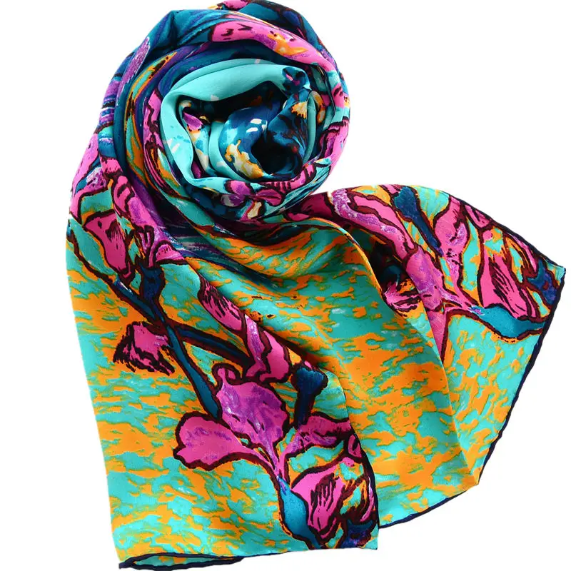 Van Gogh\'s oil paintings lrises long scarf women soft 100% natural silk scarves good quality wrap shawl bandana gift for lady