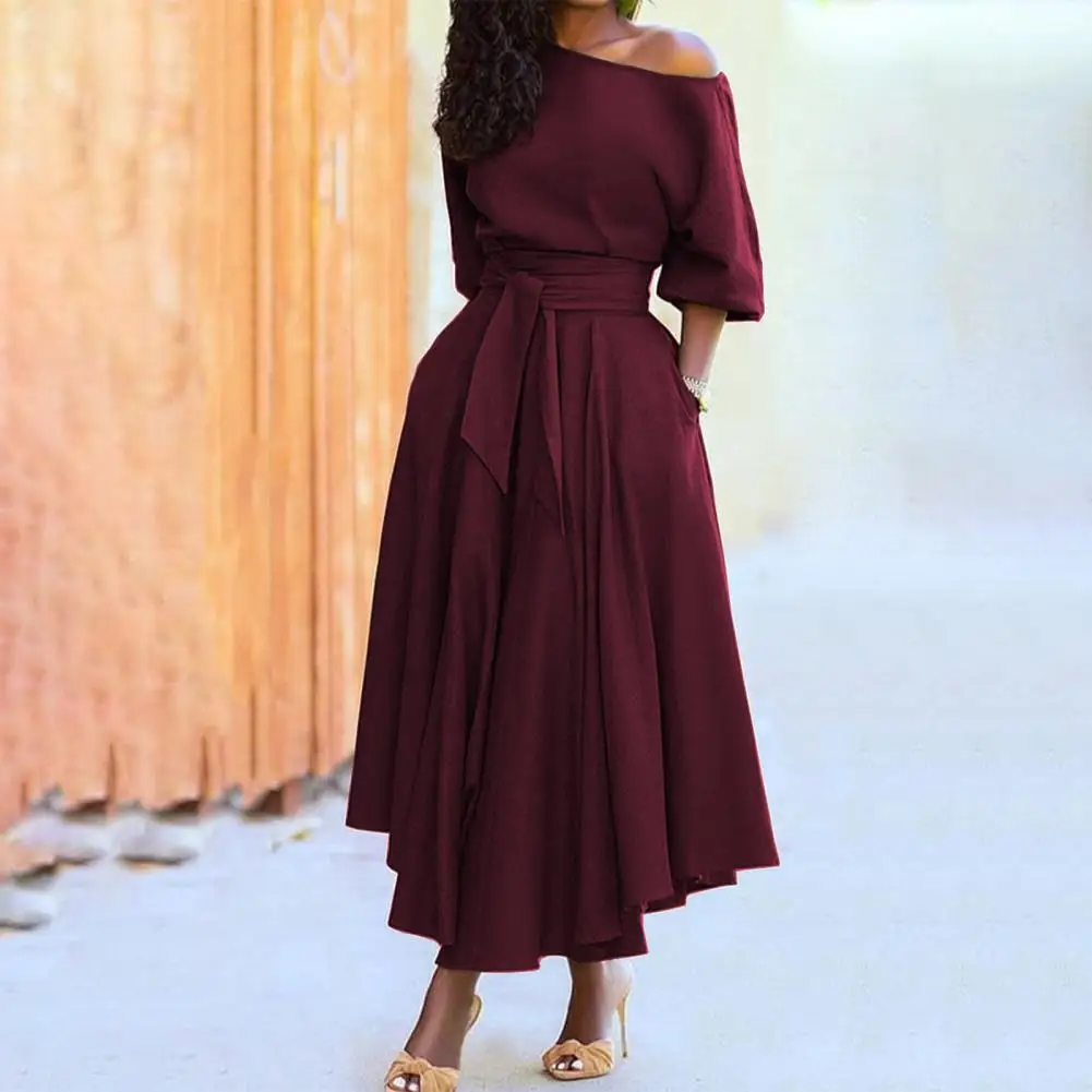 Office Women Dress Oblique Shoulder Comfortable Lace-up Solid Color Tie Waist Belt Ruffled Strapless Elegant Formal Dress Work