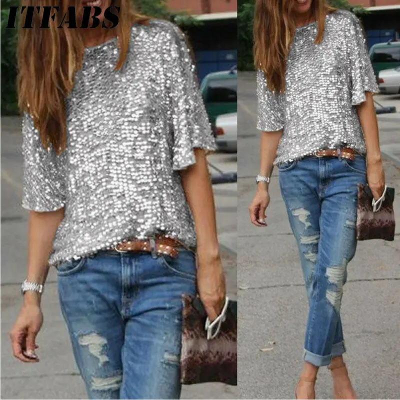 Hot Ladies Sloping Shoulder Glistening Sequin Stylish Chic Slim Shirt Top Shirt Loose Soft Casual Women T Shirts tee shirt femme