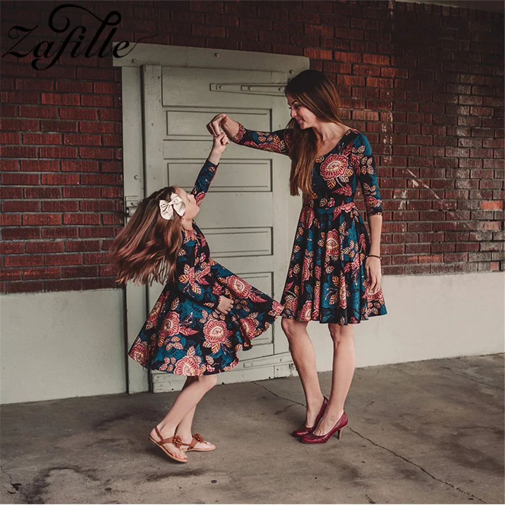 ZAFILLE Mother And Daughter Matching Dress Three Quarter Spring Floral Mini Me Family Matching Outfits Mom and daughter Clothes