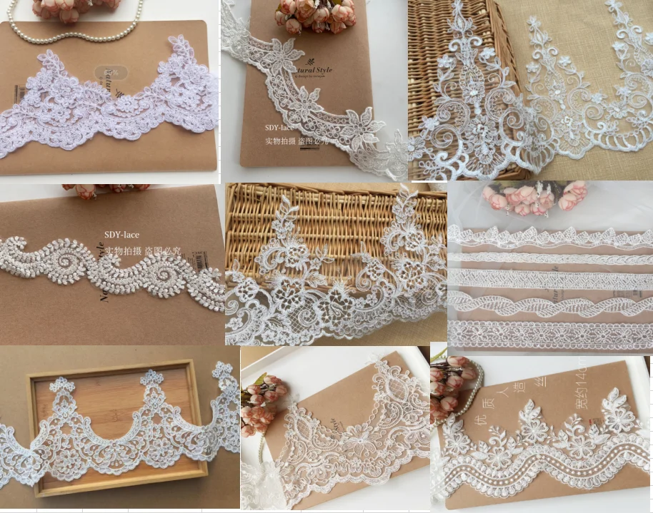 

Wholesela Luxury Embroidered Trimming Lace Ivory Small Cord Boarder Lace For Bridal Dress DIY Veil Lace Trim 10 Yards