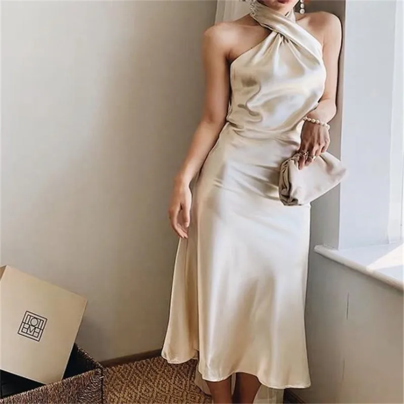 Fashion Woman\'s Sexy Temperament Shiny Solid Color Sleeveless Elastic Slim Halter Long Dress For Daily Life