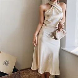 Fashion Woman's Sexy Temperament Shiny Solid Color Sleeveless Elastic Slim Halter Long Dress For Daily Life