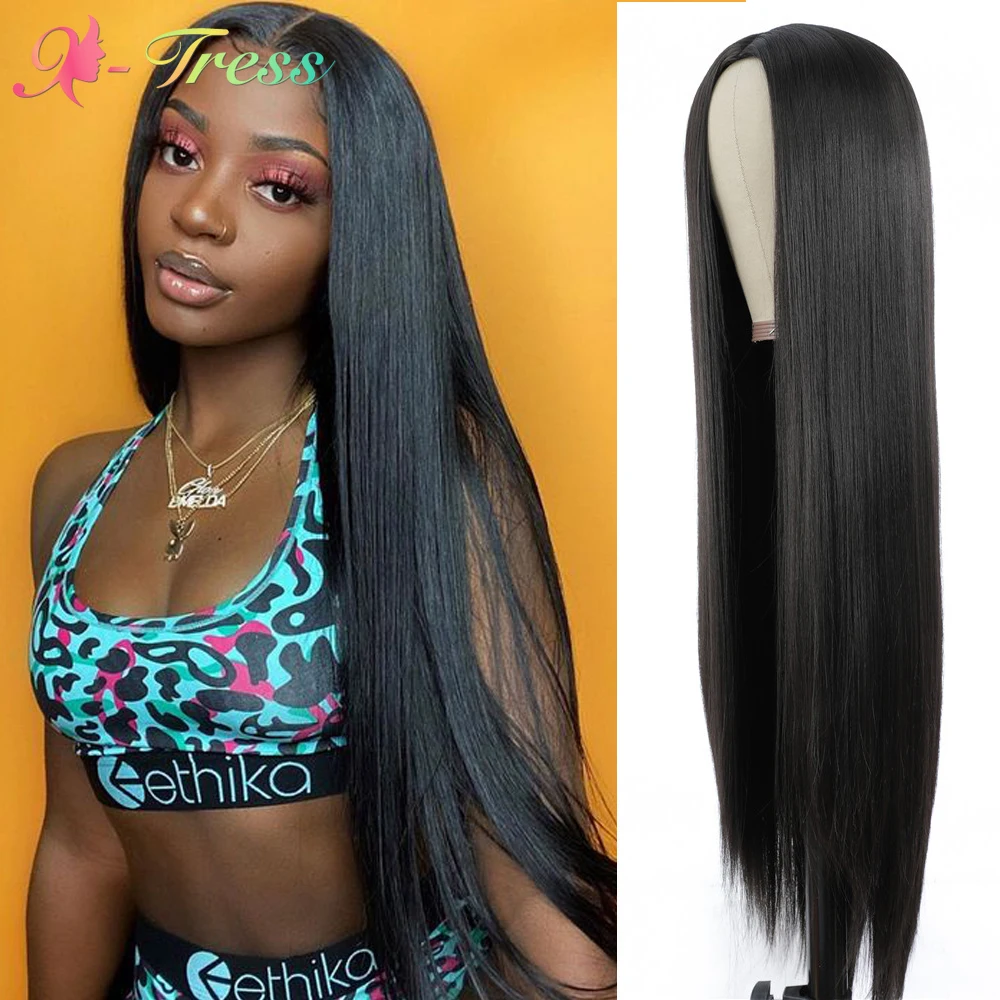 32 Inch Long Yaki Straight Synthetic Wigs for Black Women X-TRESS Darker Brown Natural Looking Middle Part Machine Made Hair Wig