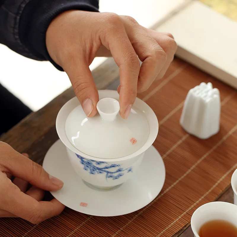 Hand-Painted Ceramic Whiteware Three-Force Cover Bowl Large Kung Fu Three-Force Bowl Handmade Ceramic Tea Cup Tea Bowl Gaiwan view 4