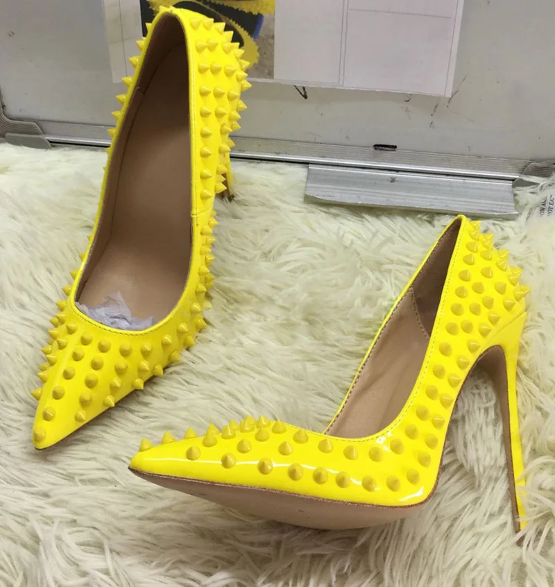 Real Photos Yellow Metal Rivets Studs High Heels Female Wedding Shoes Evening Sexy Full Spikes Patent Leather Pointed Toe Pumps