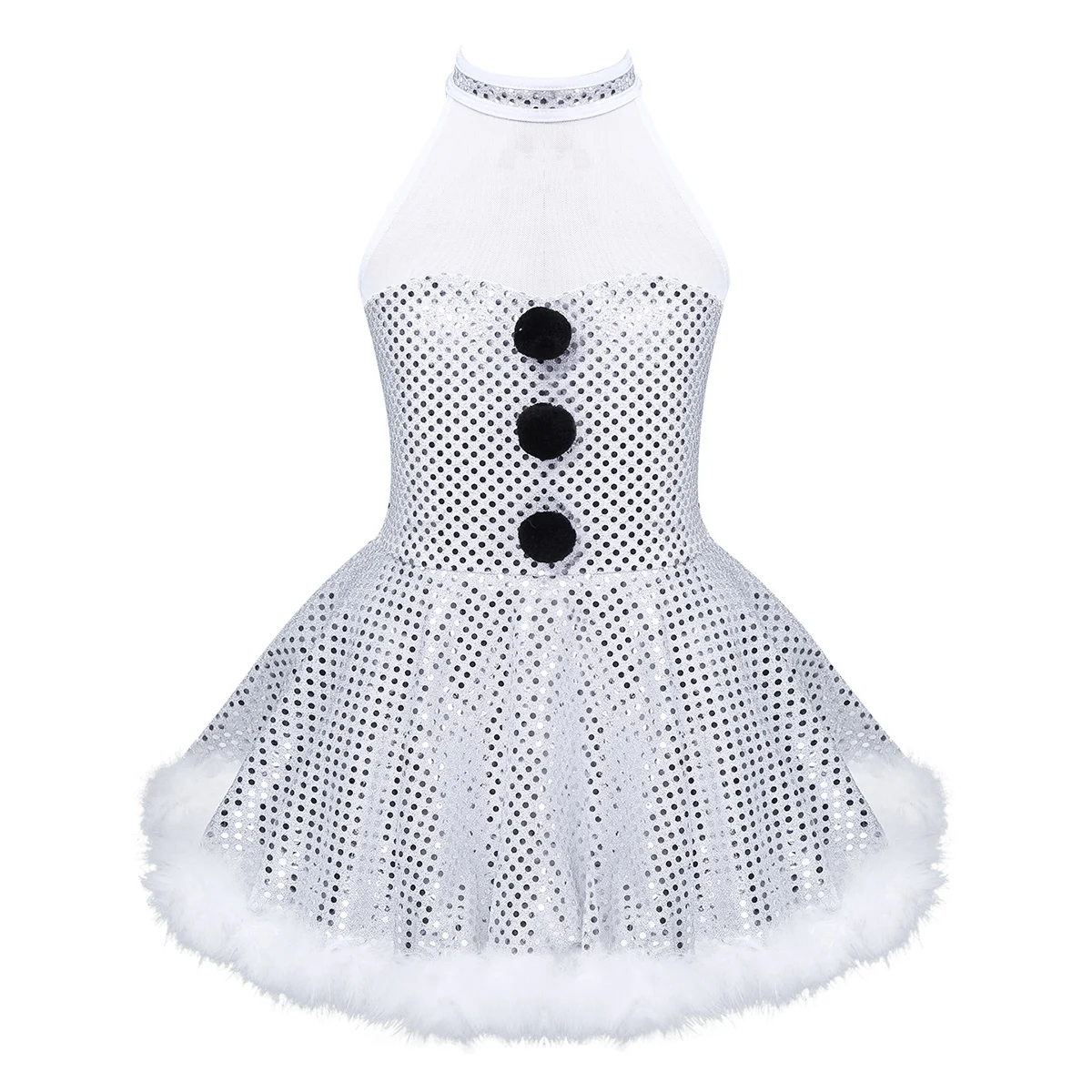 

Kids Girls Sleeveless Mesh Splice Sequins Figure Ice Skating Roller Skating Twirling Dress Christmas Snowman Costume Dancewear