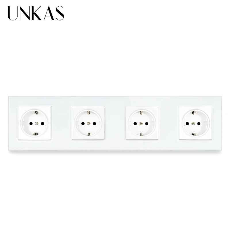 

UNKAS EU Standard 4 Gang Crystal Glass PanelWall Socket 258*86mm Power Plug Grounded 16A Black Electrical Outlet