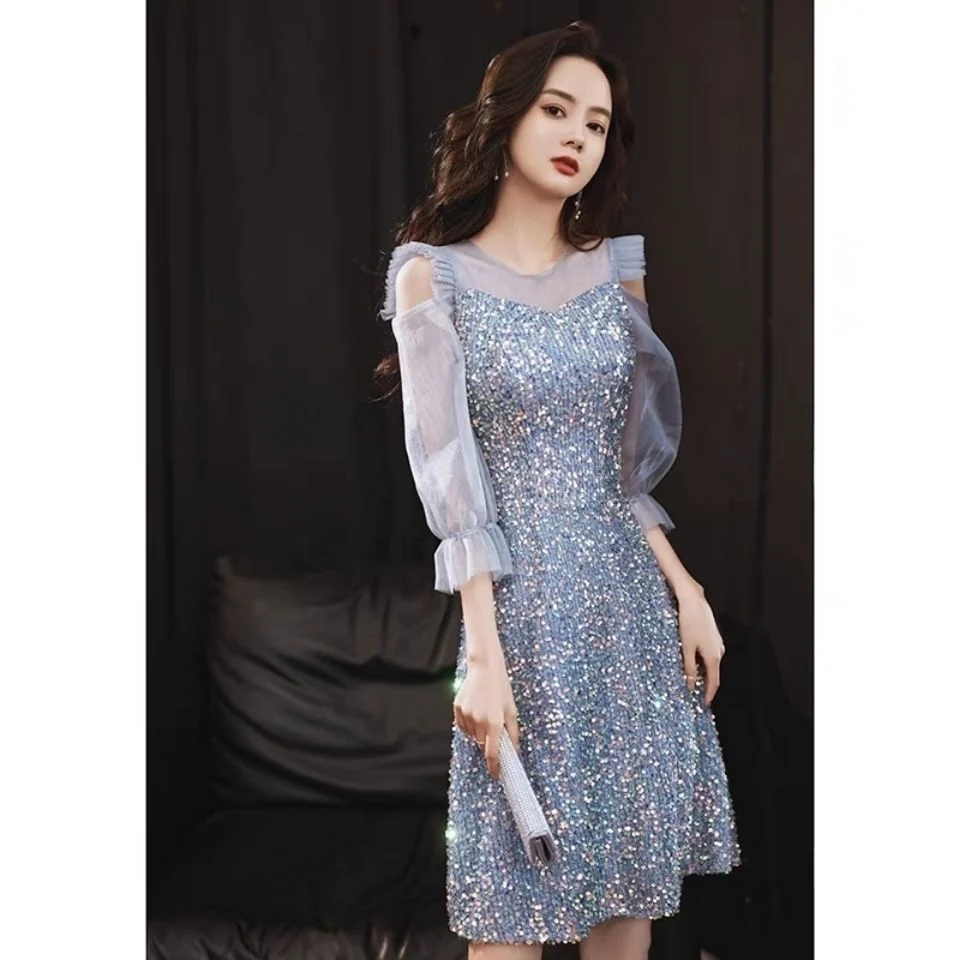 Summer Light Luxury Off Shoulder Slim Pageant Evening Dress For Lady 2022 O-Neck Shining Sequins Mermaid Party Gown HO1636