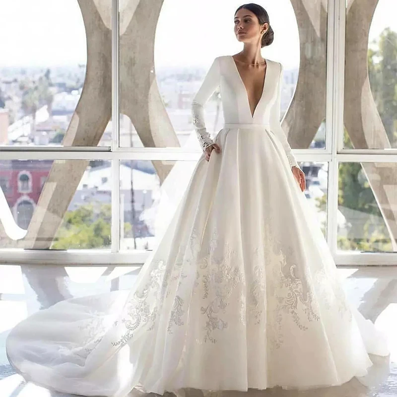 Alta qualidade cetim manga longa vestidos de casamento 2021 rendas vestido de baile vestido de noiva botões românticos v pescoço feminino courte